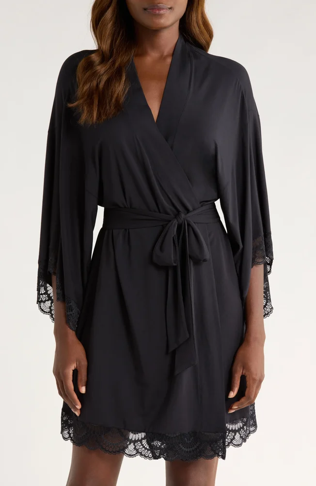 Mariana Lace Trim Jersey Robe, Black