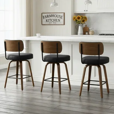 30" Swivel Upholstered Bar Stool with Walnut-Finish Bentwood Frame