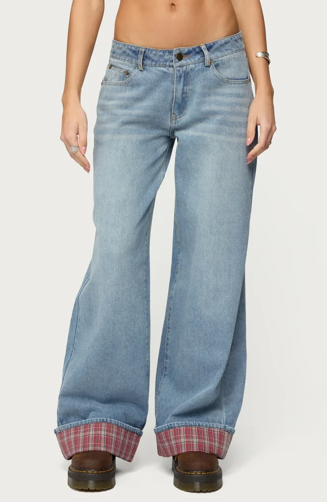 Plaid Cuff Baggy Jeans