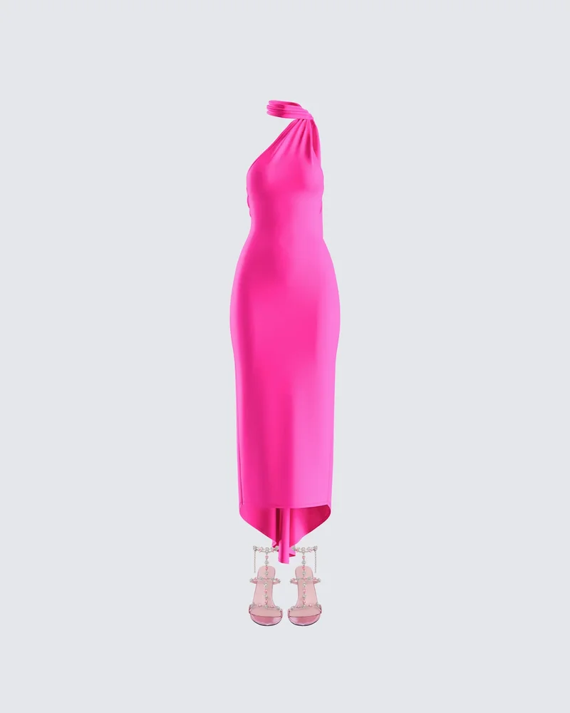 Finesse Hot Pink One-Shoulder Scarf Midi Dress