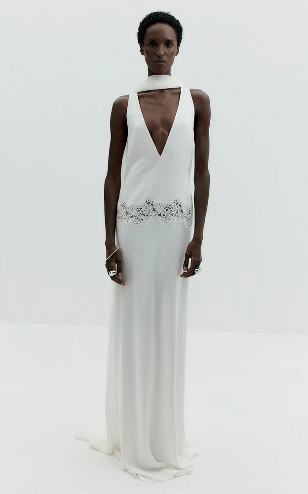 Azurite Halter Neck Lace Maxi Dress