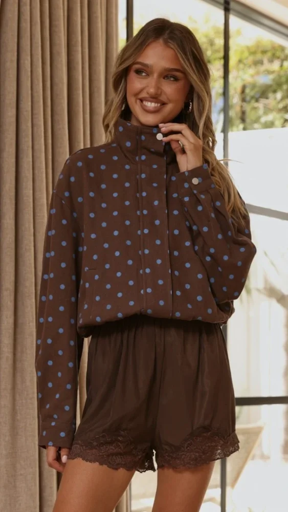 Nessie Funnel Neck Jacket - Chocolate/Blue Polka - Buy Women's Jackets - Billy J