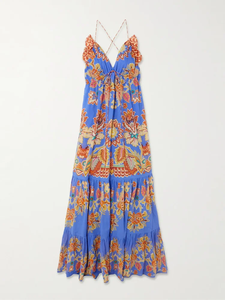 Ruffled tiered printed cotton-voile maxi dress