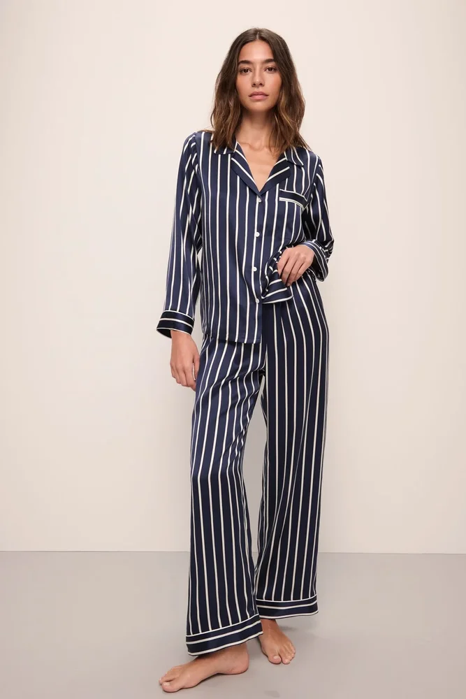 Inez Washable Silk Printed Long PJ Set, Classic Stripe Navy/Ivory