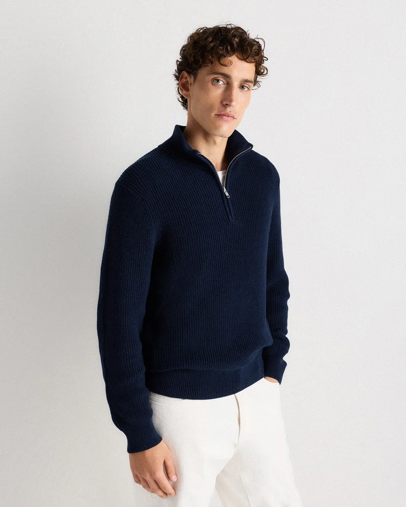 Men's 100% Organic Cotton Ribbed Quarter-Zip Sweater in Speckled Beige
