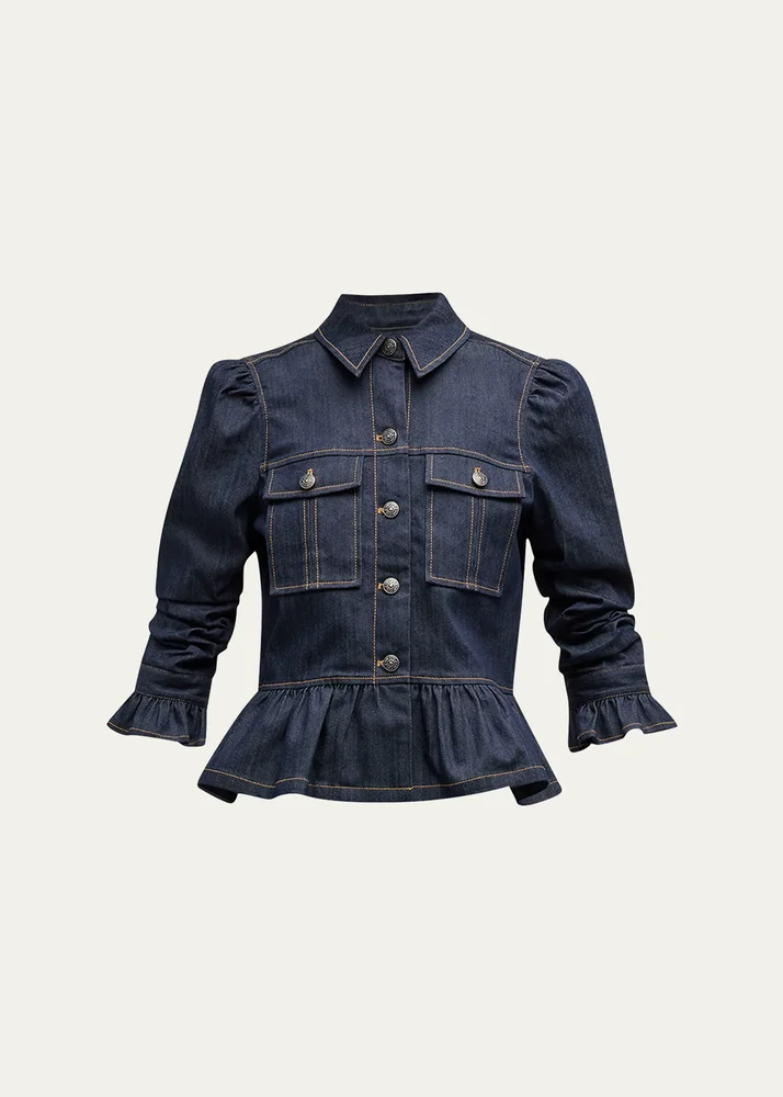 Delanie Scrunched-Sleeve Peplum Denim Jacket
