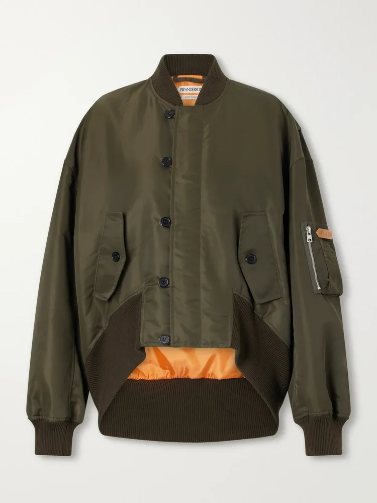 Oversized Tipped Hem rib-trimmed satin bomber jacket