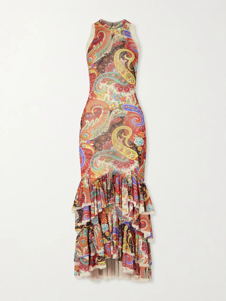 Ruffled paisley-print chiffon midi dress