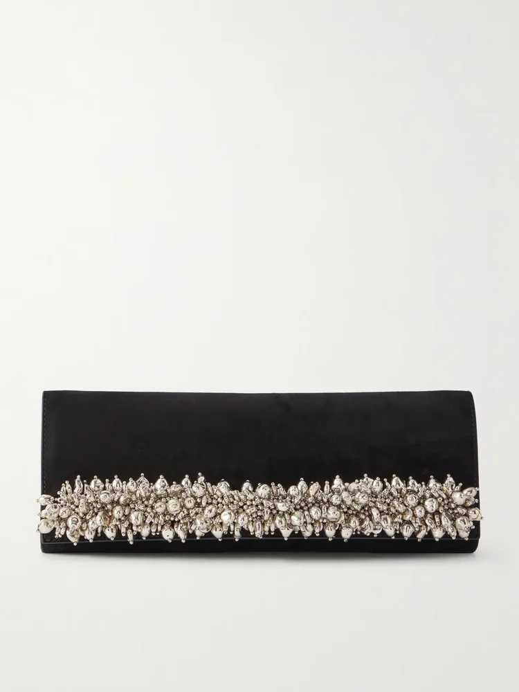 River East West bead-embellished suede clutch