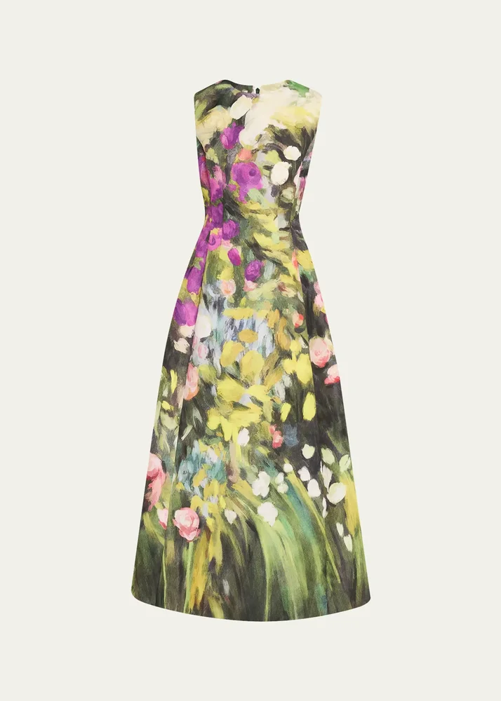 Sleeveless Abstract Garden Faille Midi Cocktail Dress