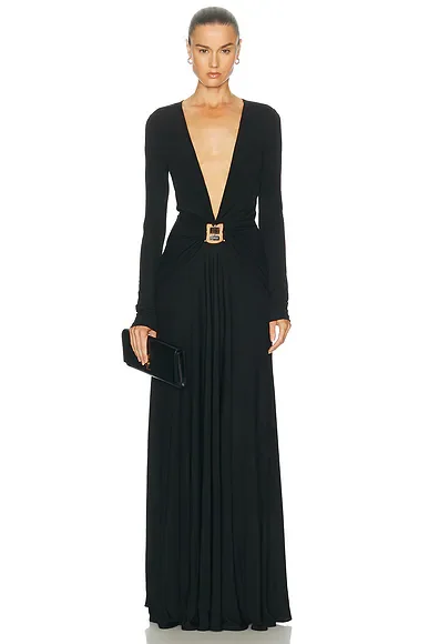 Bezel Quartz Ruched Long Sleeve Dress