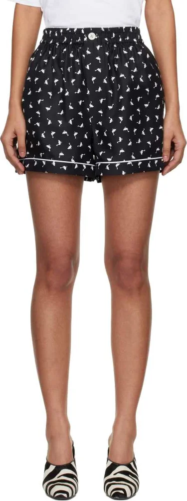 Black All Over Small Goose Print Silk Twill Shorts
