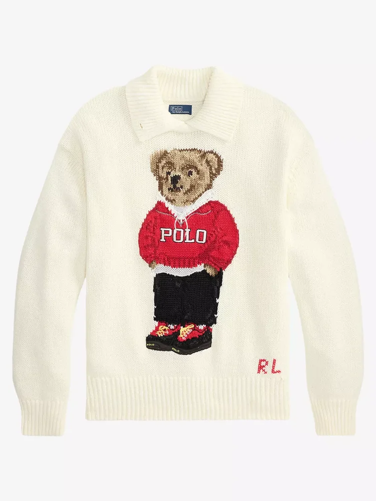 Polo Bear-Intarsia Collared Cotton and Linen Jumper