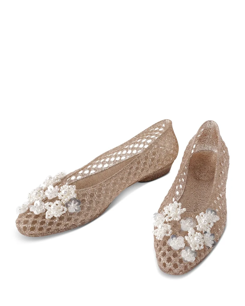 Daisy Sequin & Imitation Pearl Flower Gold Jelly Shoes