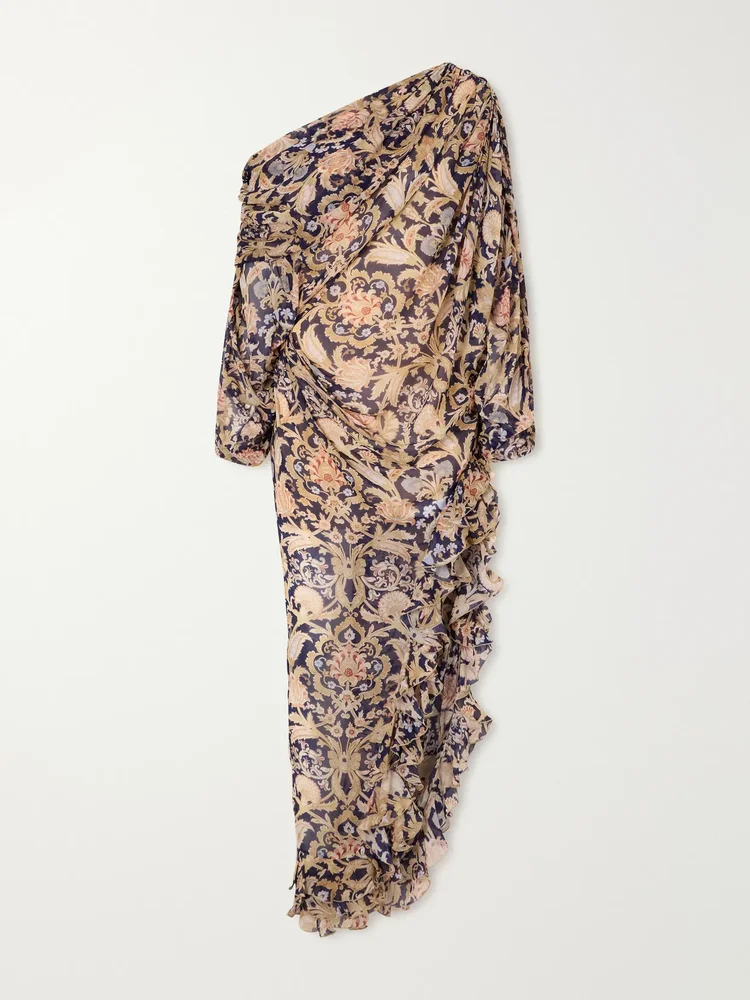 valiant one shoulder gathered printed crepe maxi dress