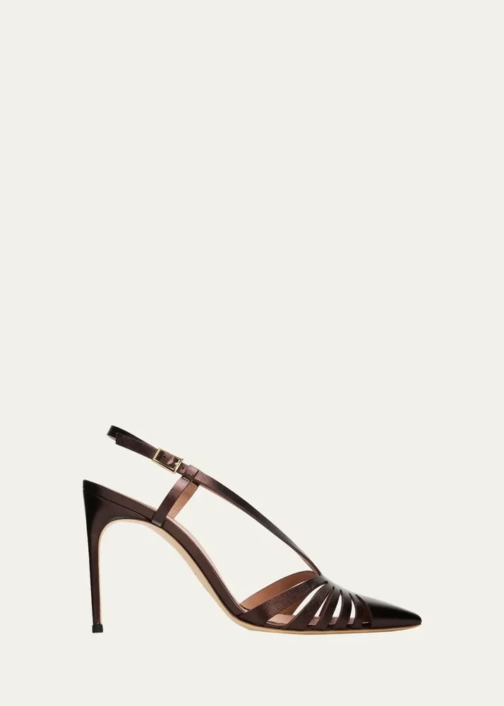 90mm Janette Metallic Leather Caged Slingback Pumps