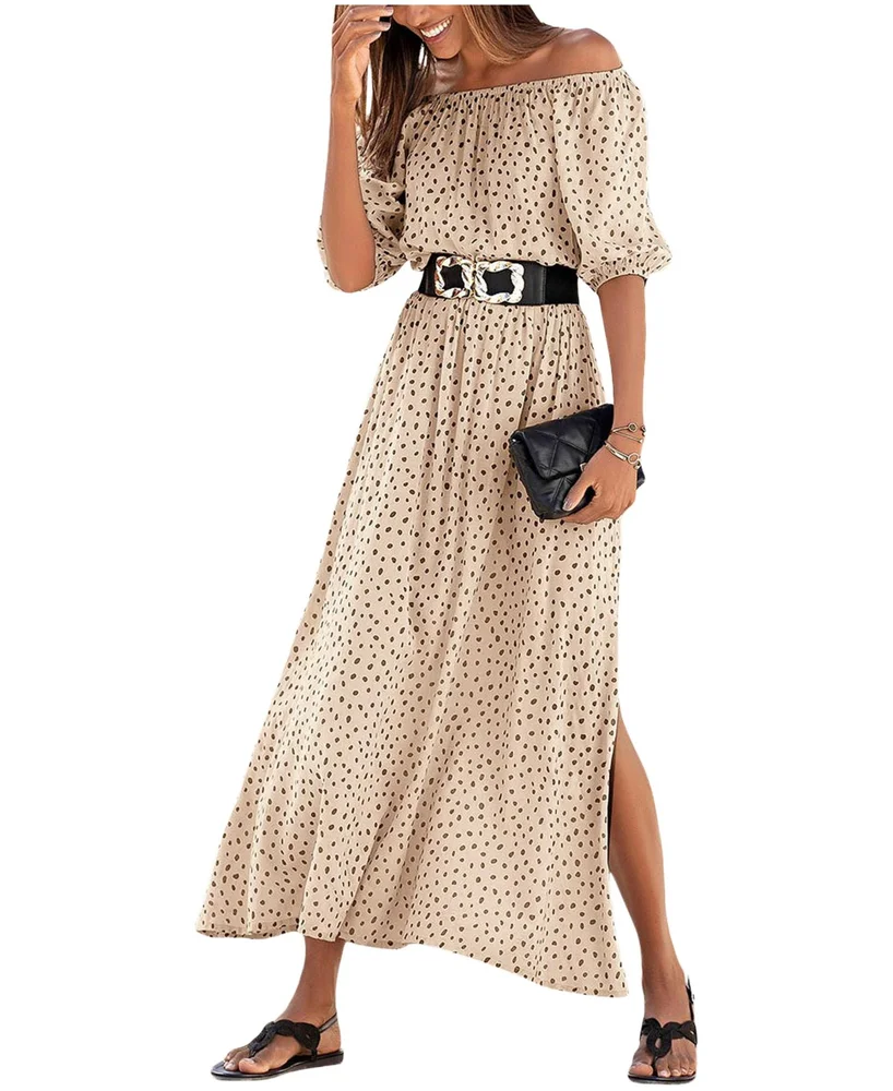 Printed Off Shoulder Elastic-Waist Maxi Dress