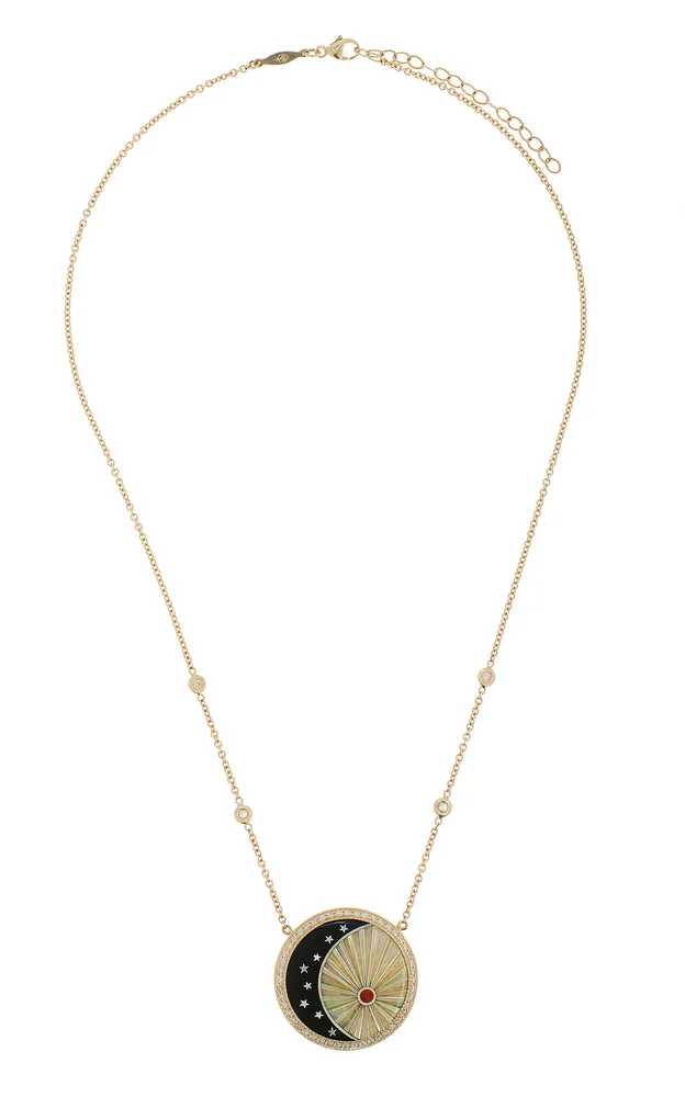 Sun Moon and Star 14K Yellow Gold Diamond, Opal, Onyx Necklace