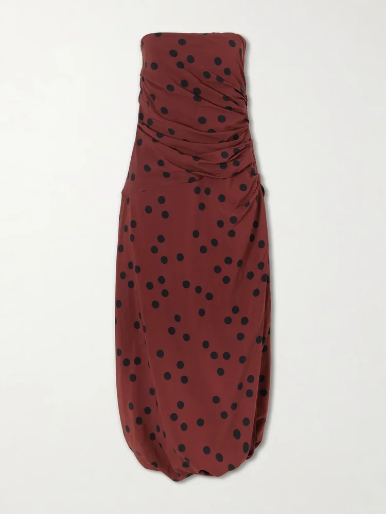 Nayara Strapless Gathered Polka-Dot Crepe Midi Dress