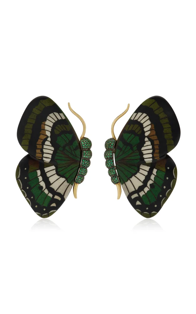 Marquetry Butterfly 18K Yellow Gold Emerald Earrings
