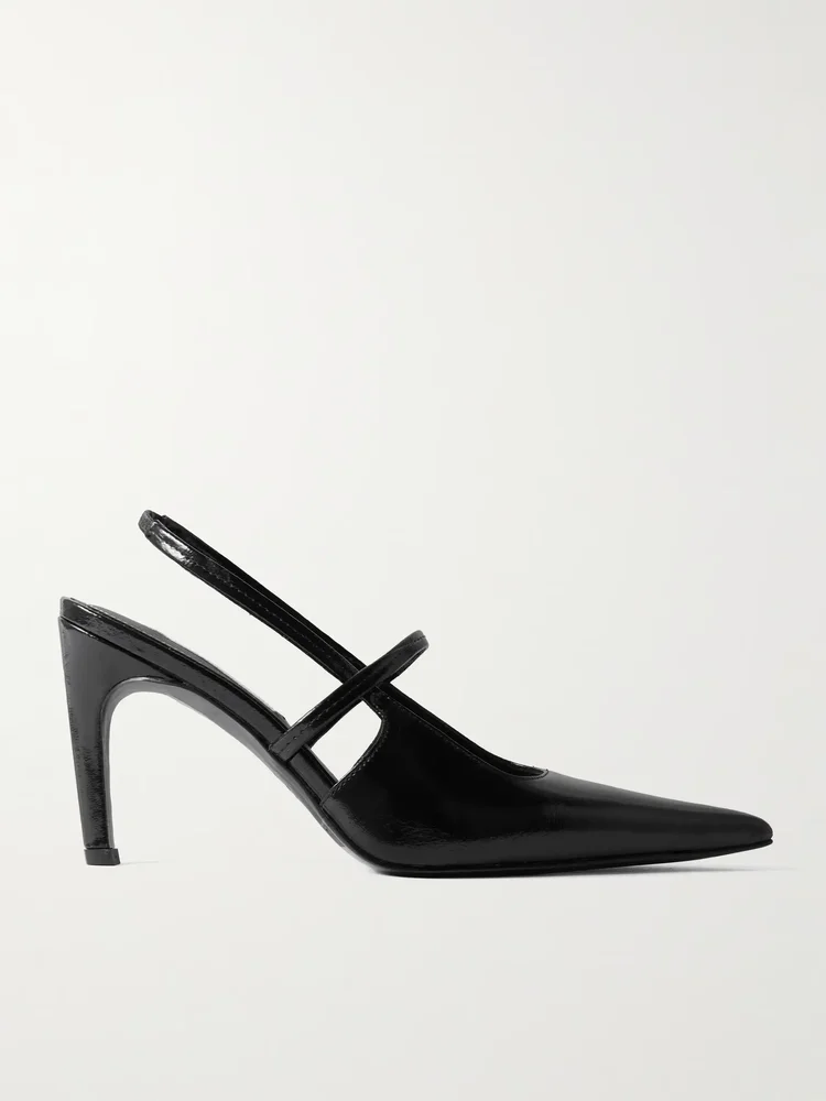 Glossed-leather slingback pumps