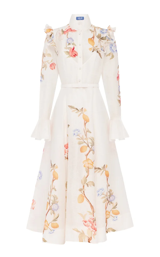 Selina Floral-Print Button-Up Linen-Blend Midi Dress