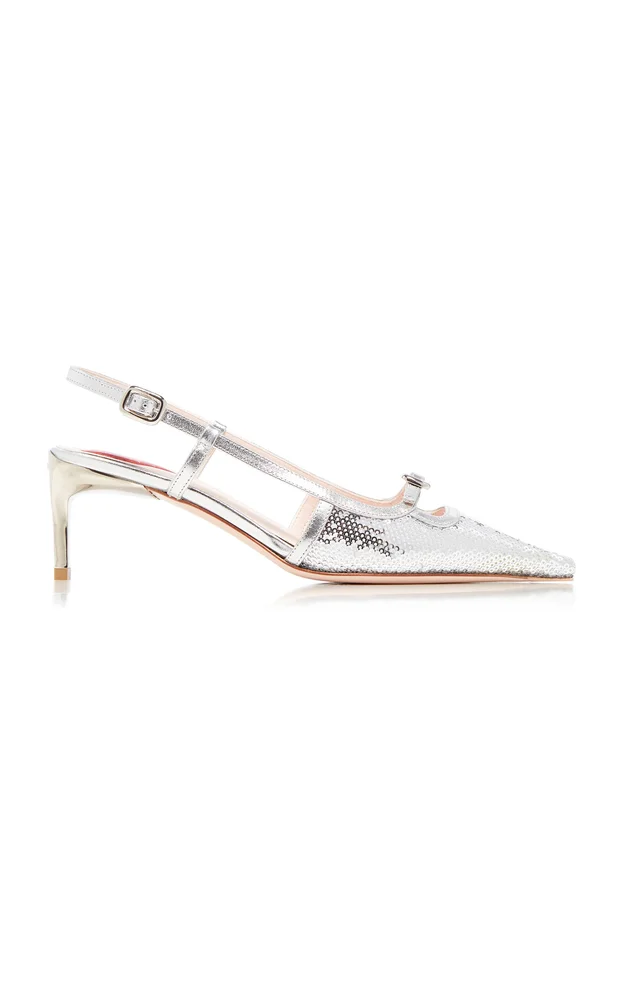 Sequined Mini-Buckle Slingback Pumps