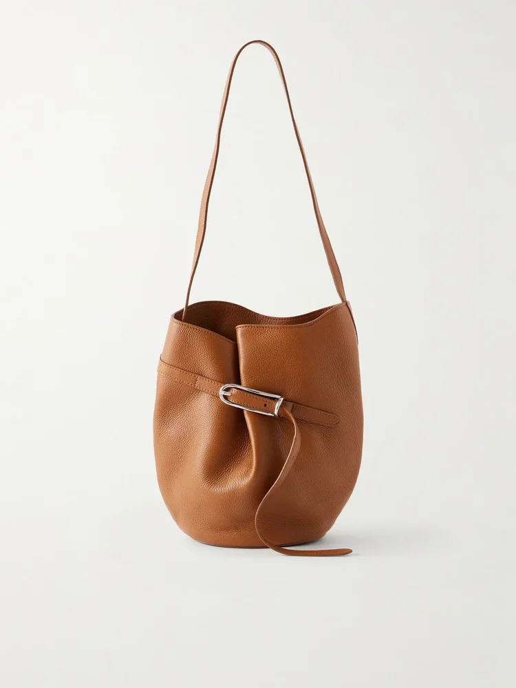 Belted leather bucket bag