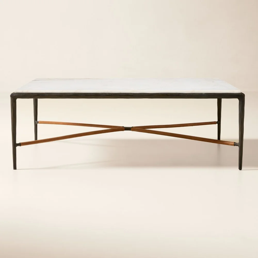 Kingsley 46" White Marble and Cast Metal Square Coffee Table by Todd Snyder
