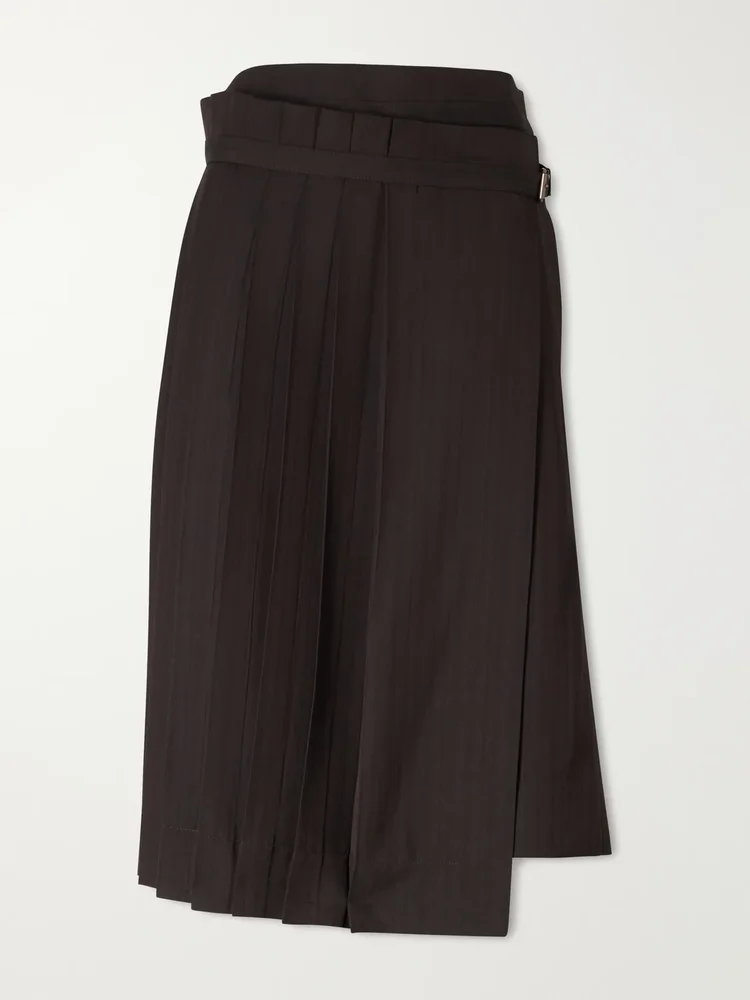 Striped pleated twill knee-length skirt