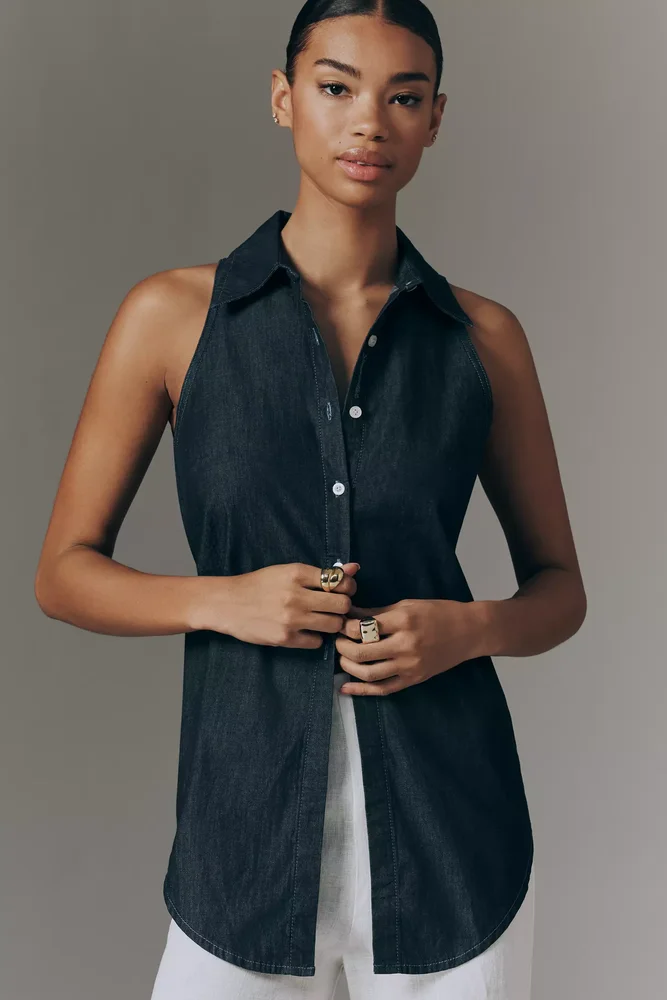 SIMONMILLER Loch Sleeveless 100% Cotton Chambray Buttondown Shirt