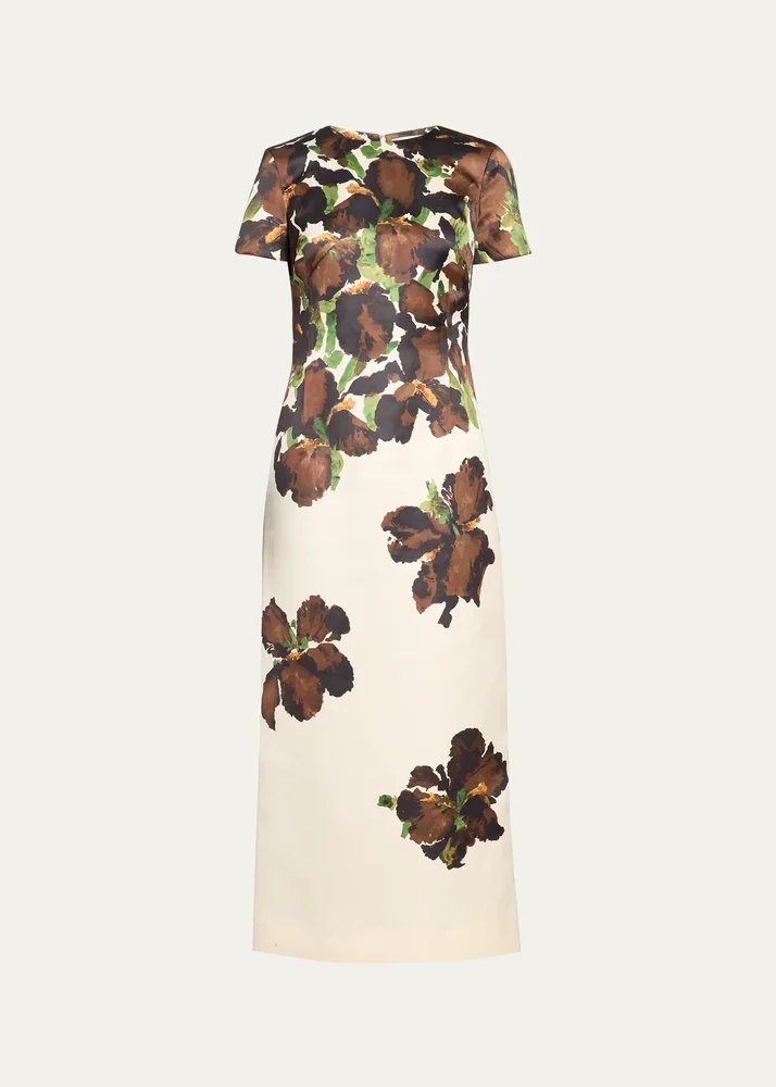 Short-Sleeve Watercolor Iris Print Midi Dress