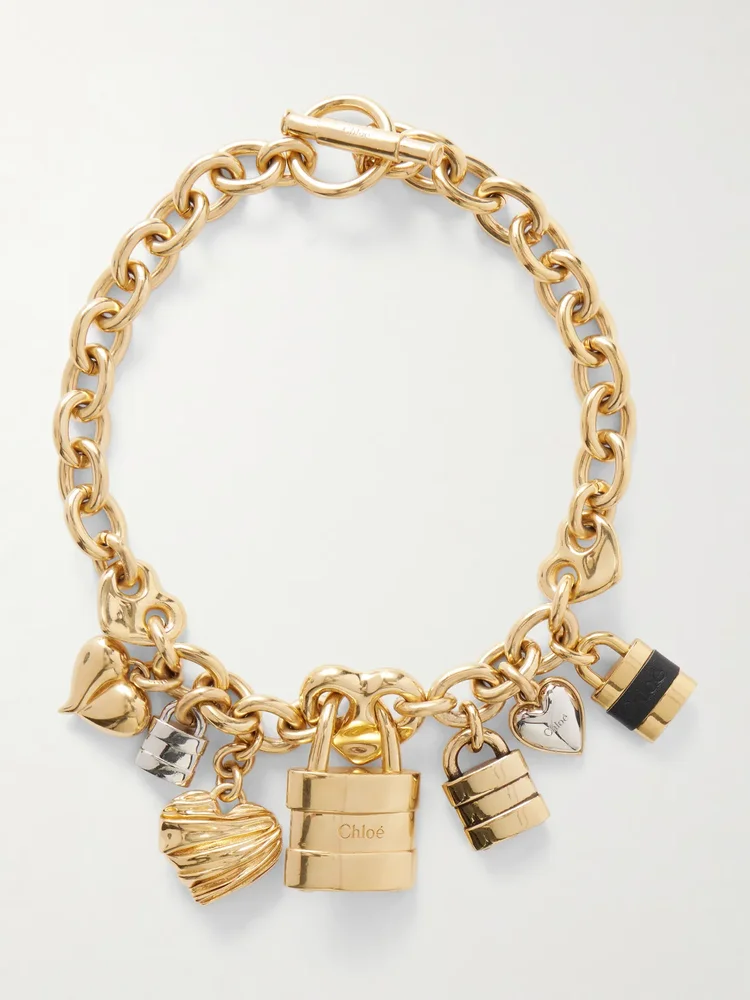 Gold-tone and leather necklace