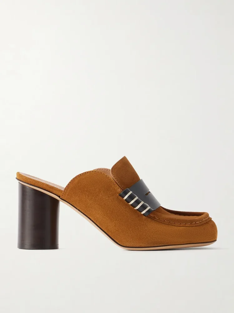 Leather-trimmed suede mules