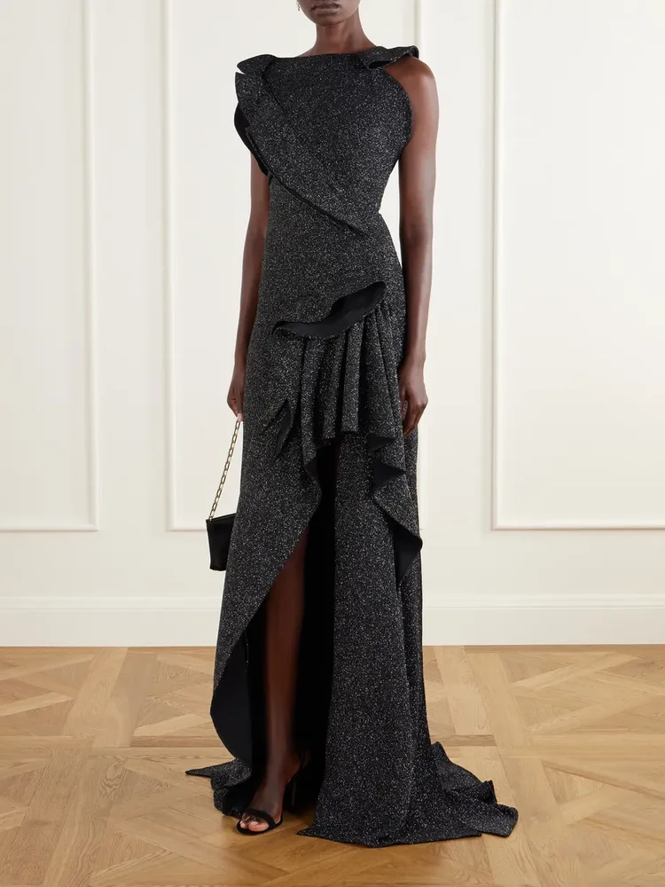 Flashpoint asymmetric ruffled Lurex gown