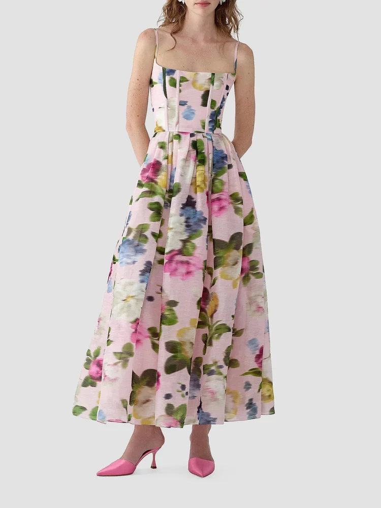 Cabana Floral Corset Linen-Silk Thin-Strap Midi-Dress