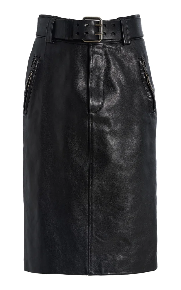 Belted High-Rise Leather Midi Skirt