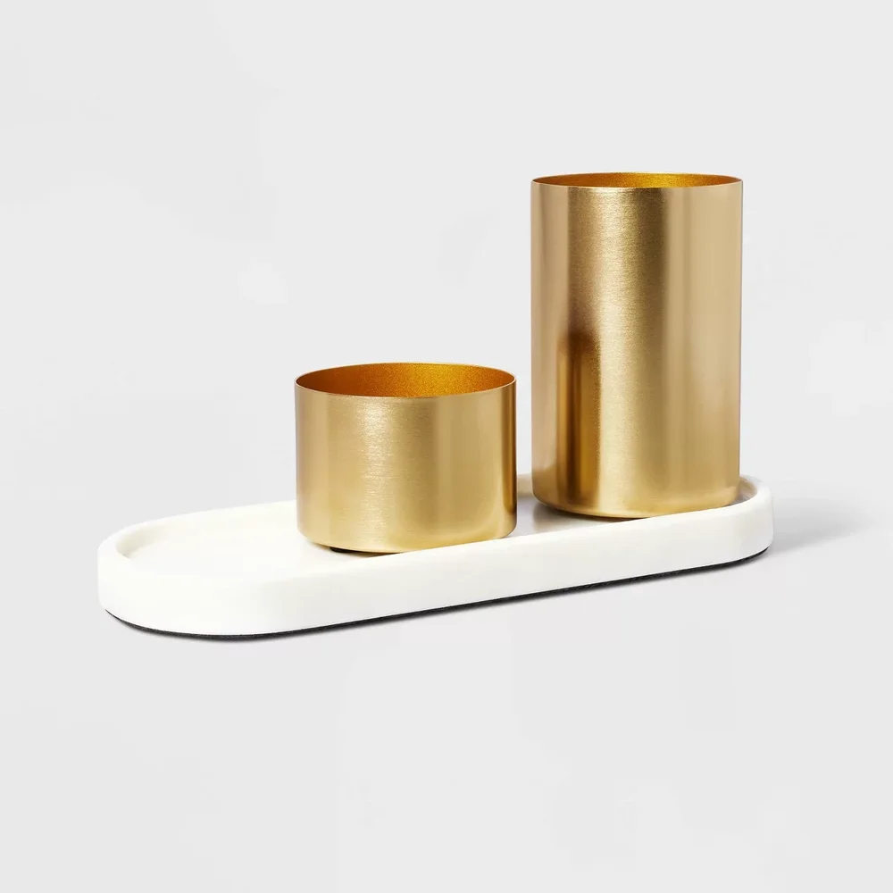 Modular Desk Org Marble Tray and Metal Cups Set