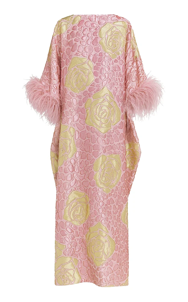 Feather-Trimmed Floral-Print Maxi Caftan
