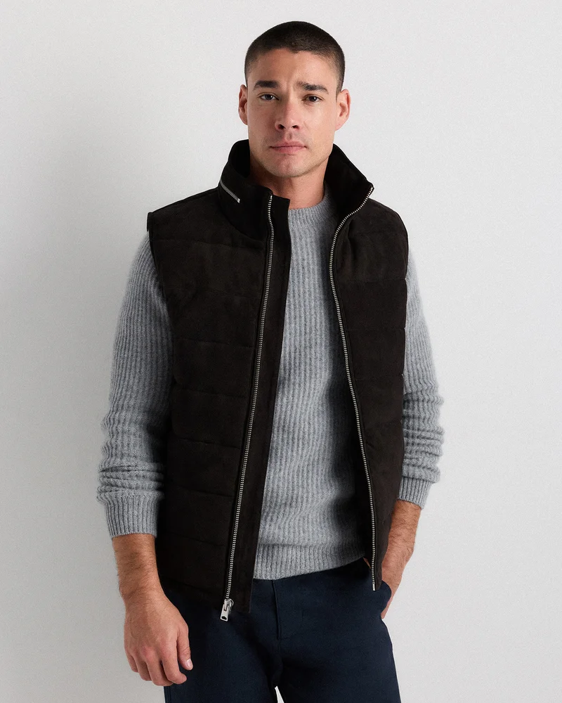 100% Suede Puffer Vest in Dark Chestnut Brown