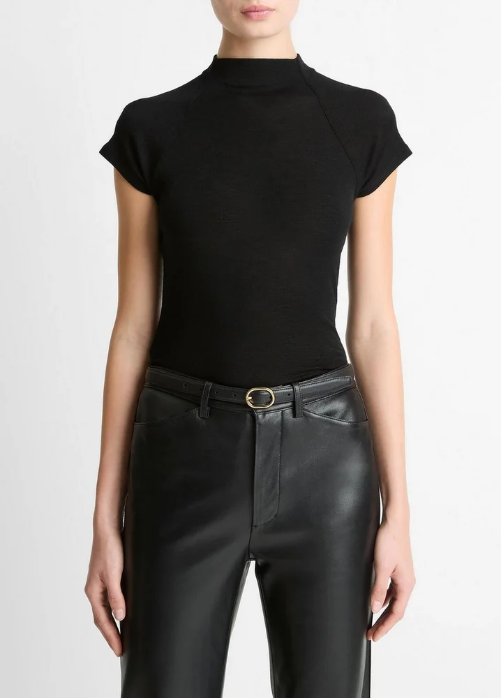 Wool Raglan Cap-Sleeve Mock-Neck Top