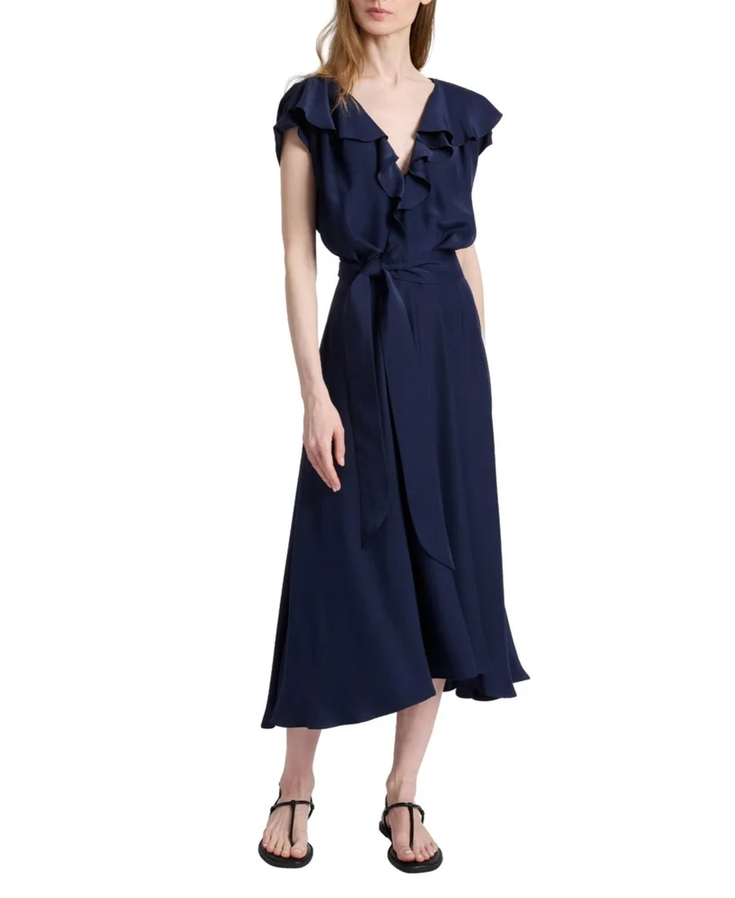 Mandy Ruffled Faux Wrap Silk Midi Dress