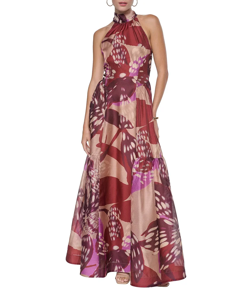 High Neck Halter Sleeveless Printed Shimmer Organza Long Dress