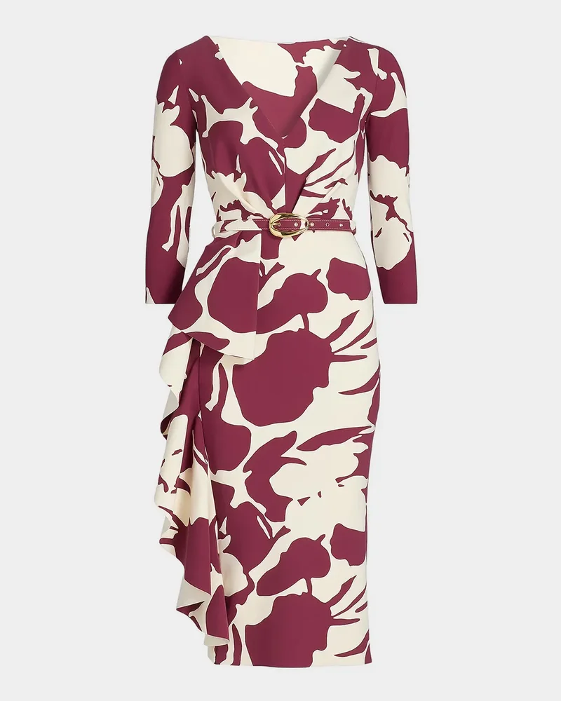 Ayaan Floral-Print Ruffle Midi Sheath Dress