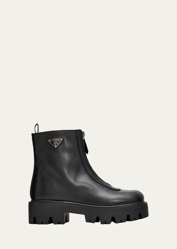 50mm Triangle Logo Leather Zip-Front Platform Ankle Boots