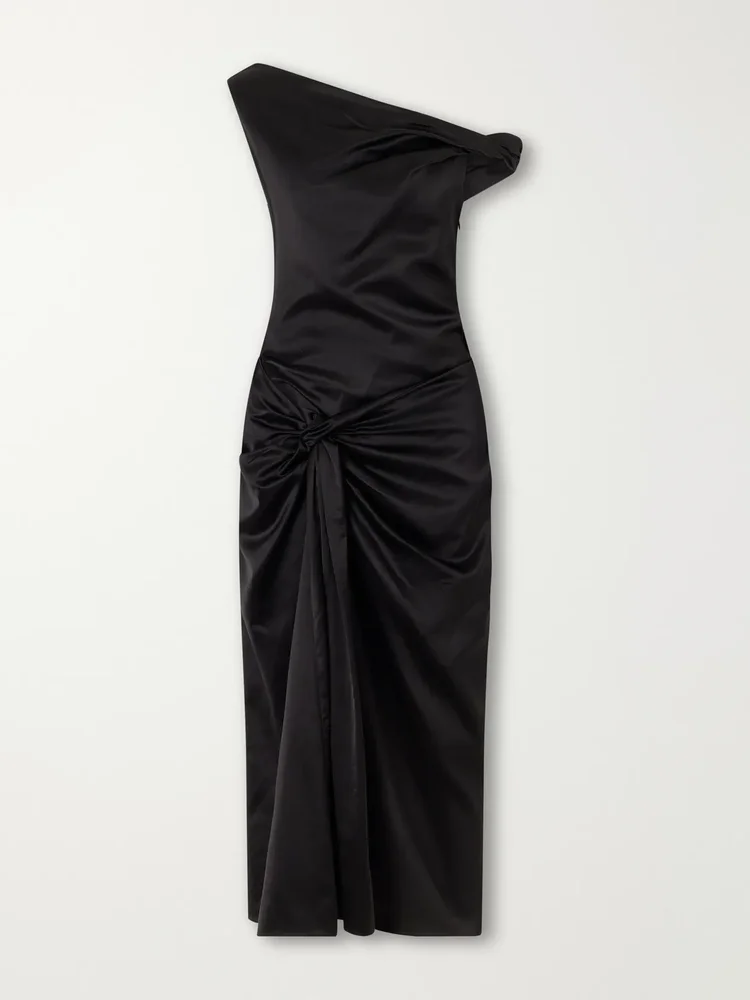 Draped knot-detail satin midi dress