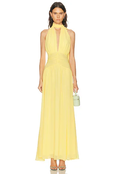 Arella Deep Plunge Halter Maxi Dress