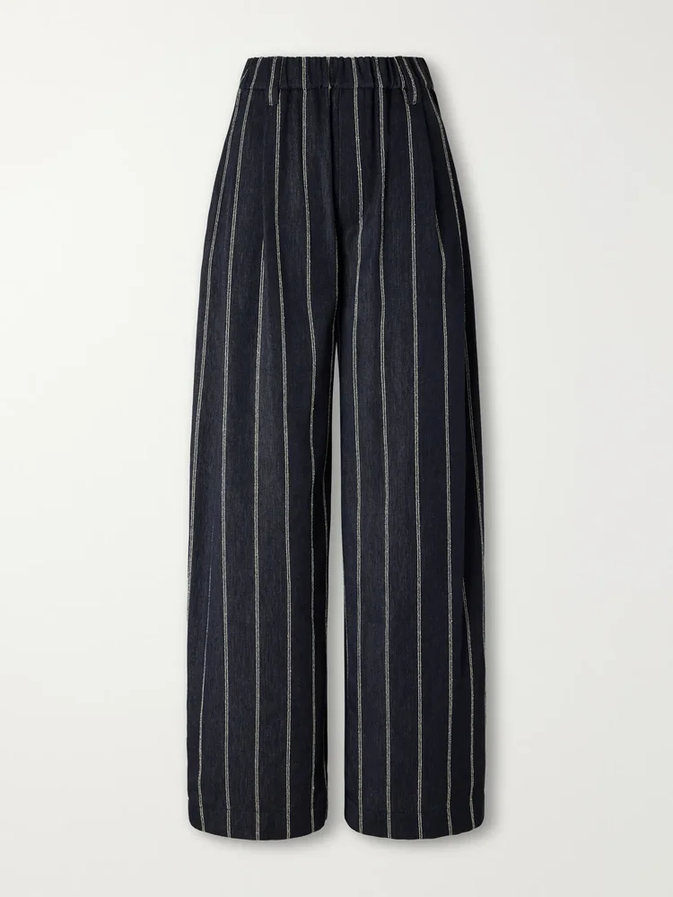 Pleated pinstriped cotton-blend twill wide-leg pants