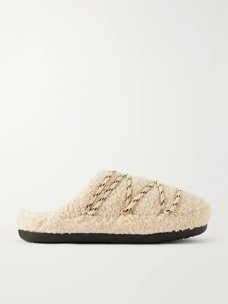 Teddy suede-trimmed plush mules