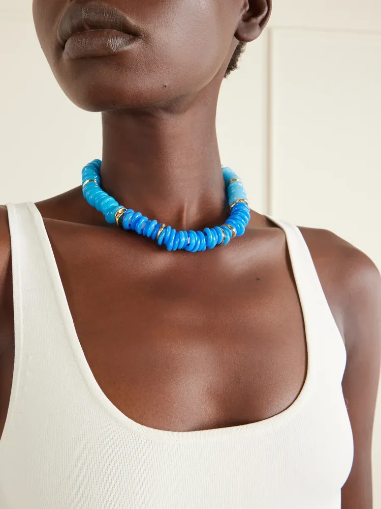 Lita gold-plated quartz, pearl and cord beaded necklace